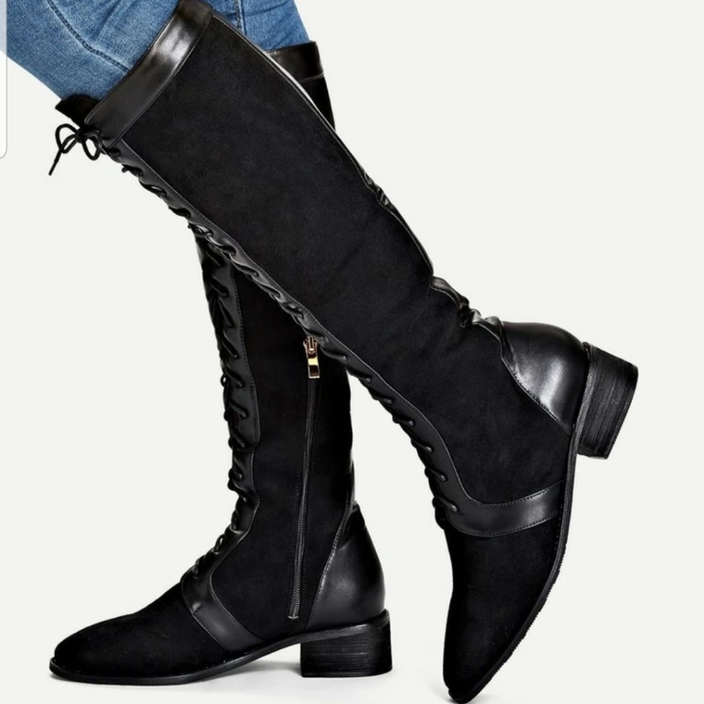 BLACK VEGAN SUEDE KNEE HIGH LACE UP FLAT BOOTS 6